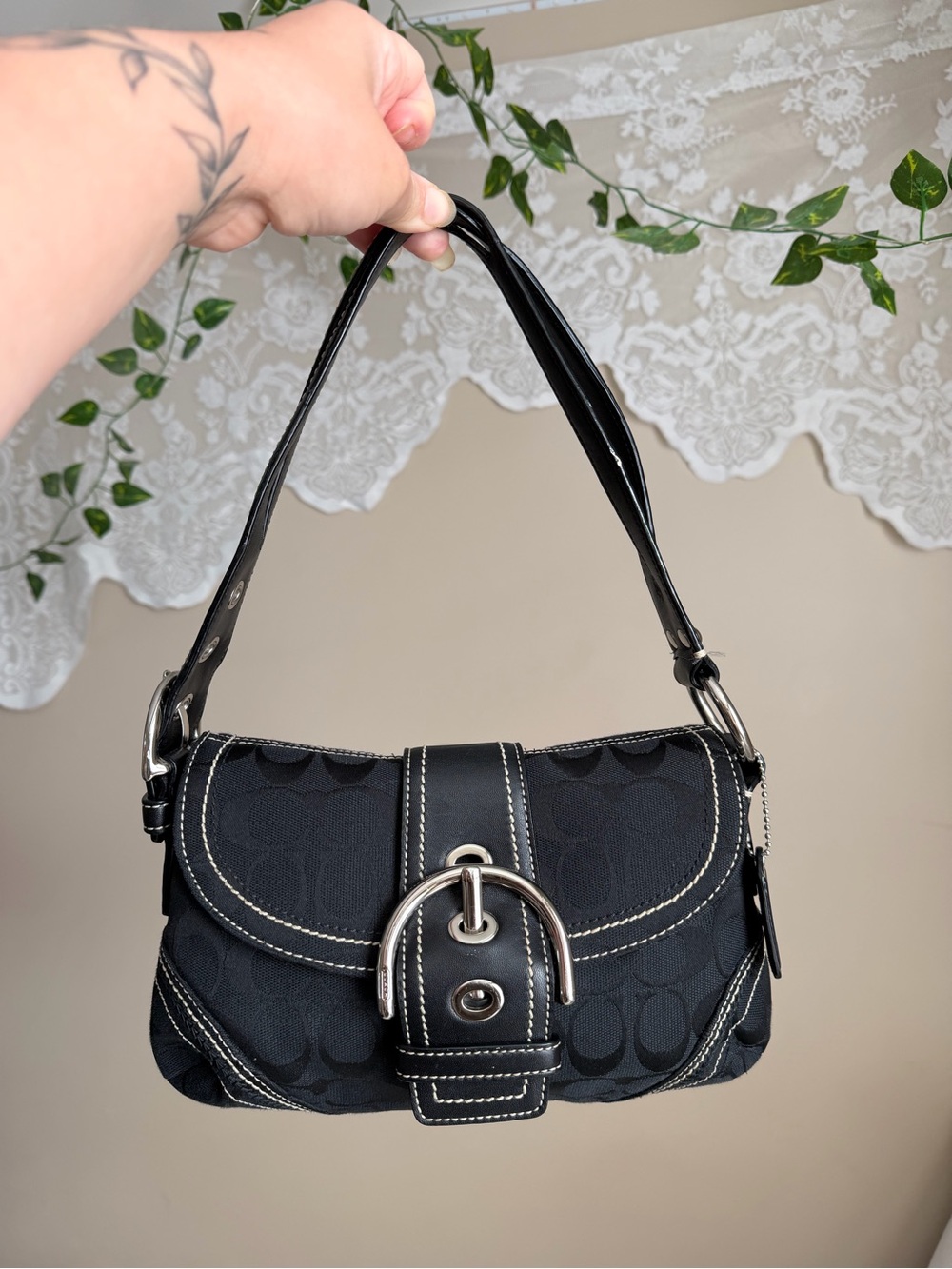 Coach Black Signature Canvas Shoulder Bag with Buckle Detail